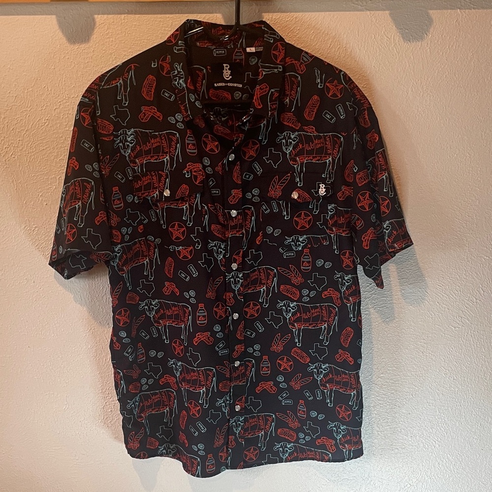 Men's Casual Black and Red Graphic Button Down Shirt